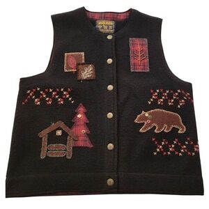 Woolrich Vintage Fall Cabin Print Patchwork Sweater Small‎ Black Wool Vest